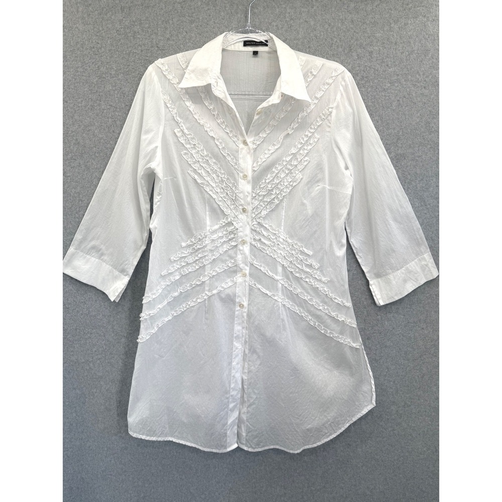 Walter Voulaz Button Up Shirt 46 White Ruffle Front Tunic 3/4 Sleeve Italian